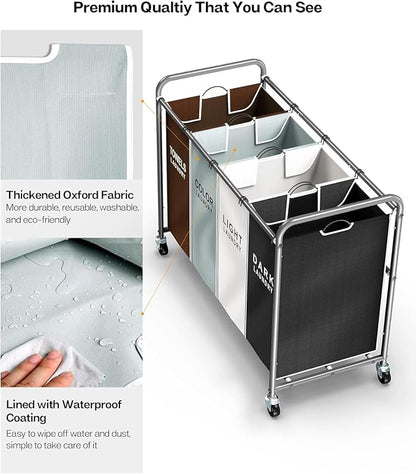ROMOON Laundry Hamper Sorter Cart: 4-Section Organizer - Image 4