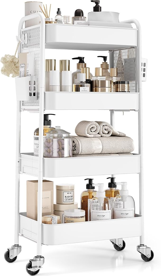 TOOLF 4 Tier Rolling Cart with Pegboard, Metal Storage Organizer Cart with by TOOLF
