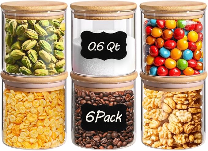 ComSaf Airtight Glass Food Storage Jars Set of 6, 0.6 Qt Clear Glass Food by ComSaf