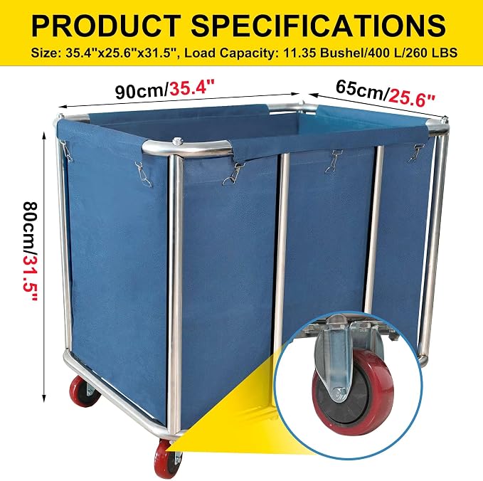 Commercial Laundry Cart with Wheels, 11.35 Bushel Large Laundry Cart, Heavy - Image 2