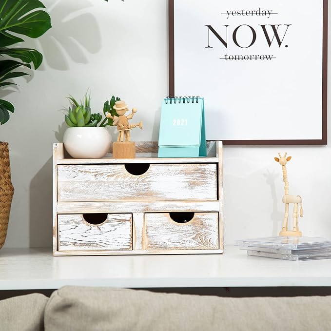 Rustic Distressed white 3-Tier Wood Desk Organizer - Image 2
