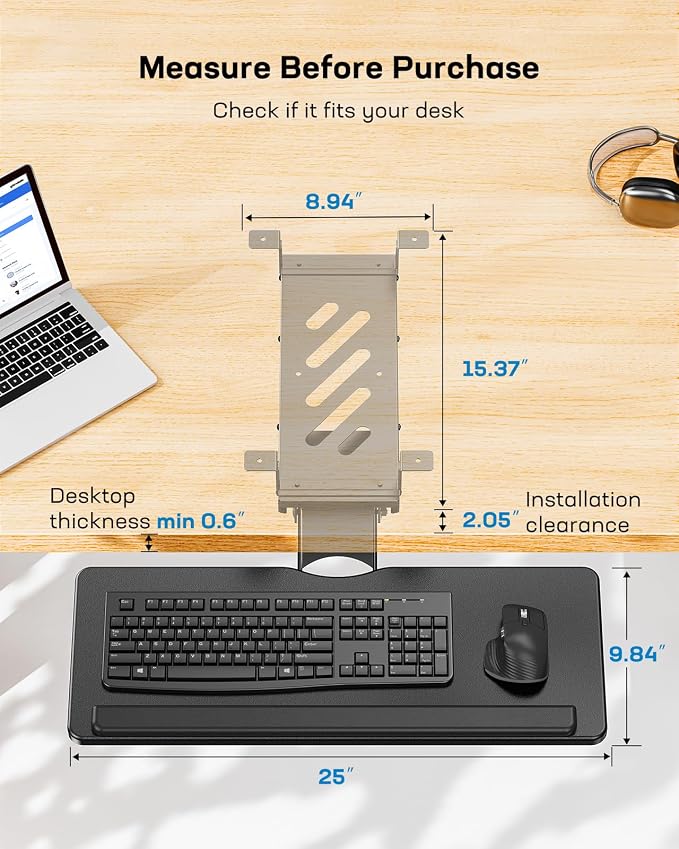 HUANUO Keyboard Tray Under Desk, Adjustable Ergonomic Keyboard & Mouse Tray - Image 5
