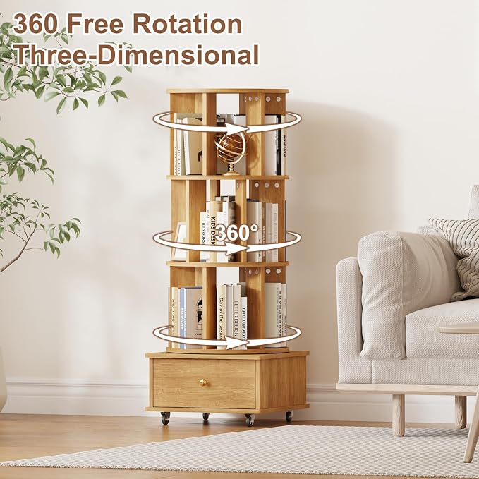 3-Tier Rotating Bookshelf with Drawers on Wheels, 360° Spinning Corner Bookcase - Image 6