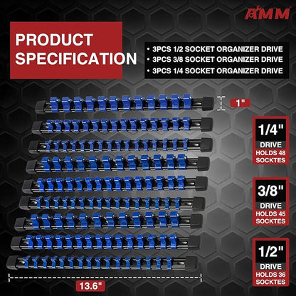 AMM 9-Piece Socket Organizer, 1/2 inch, 3/8 inch and 1/4 inch Drive ABS - Image 2