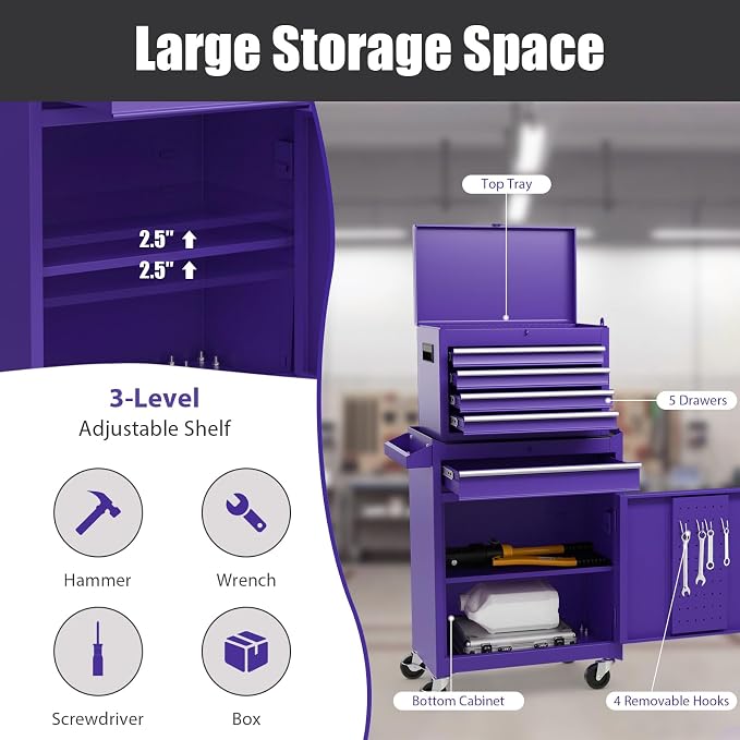 Goplus Purple Tool Chest, 5 Drawers Rolling Tool Cabinet w/Detachable Top - Image 8