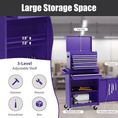 Goplus Purple Tool Chest, 5 Drawers Rolling Tool Cabinet w/Detachable Top - Image 8