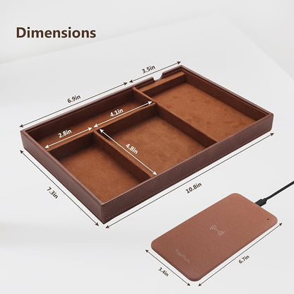 TopMade Valet Tray with Wireless Charging Pad Nightstand Organizer, Leather - Image 8