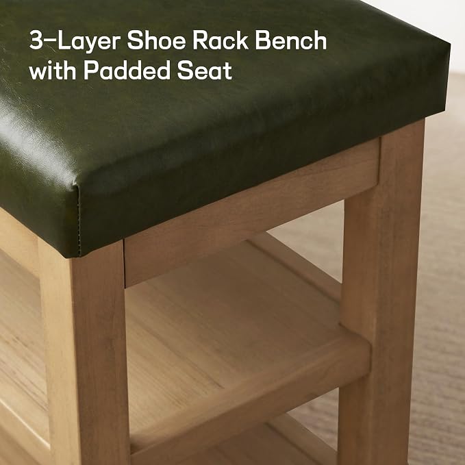 Zihanhome Shoe Rack Bench with Leather Cushion, 2 Tier Solid Wood Storage Bench - Image 8