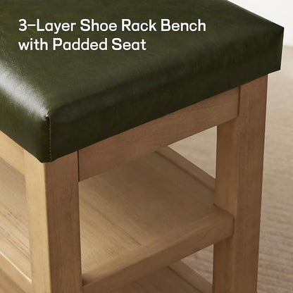 Zihanhome Shoe Rack Bench with Leather Cushion, 2 Tier Solid Wood Storage Bench - Image 8