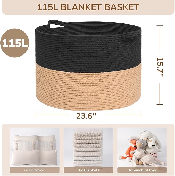 INDRESSME 115L Extra Large Cotton Rope Blanket Basket - Image 2