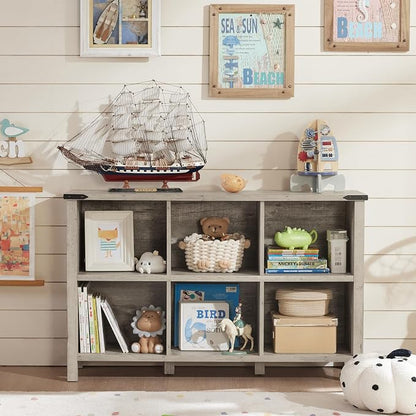Farmhouse 6 Cube Bookshelf, Rustic Grey Oak Wooden Storage Organizer Book Shelf - Image 6