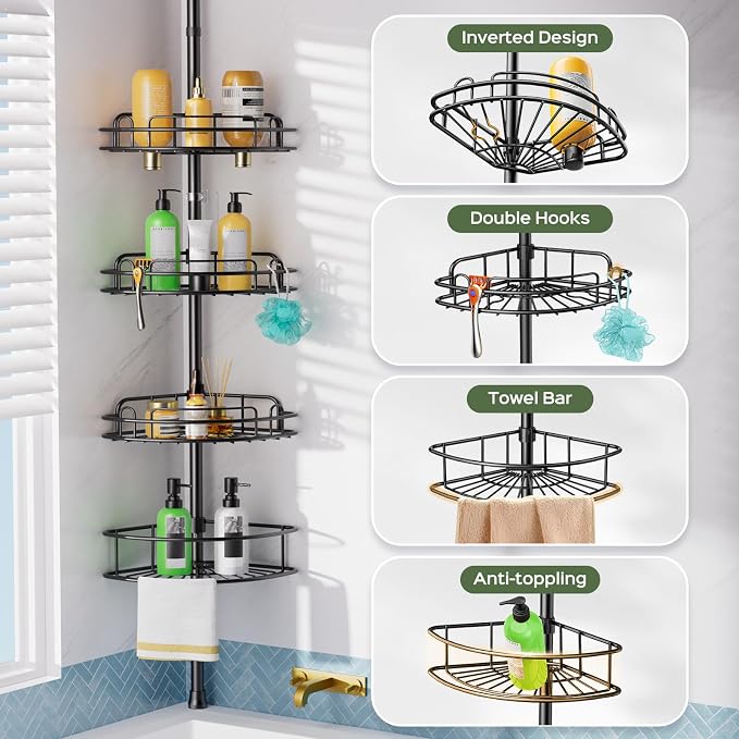 HAMITOR Shower Caddy Tension Pole: 4-Tier Rustproof Bathroom Corner Shelf - Image 5