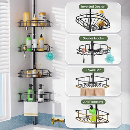 HAMITOR Shower Caddy Tension Pole: 4-Tier Rustproof Bathroom Corner Shelf - Image 5