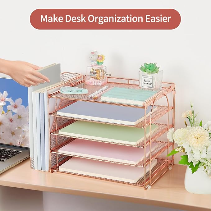 AUPSEN Rose Gold Desk Accessories Organizer, 5-Tier Desktop Paper File Organizer - Image 5