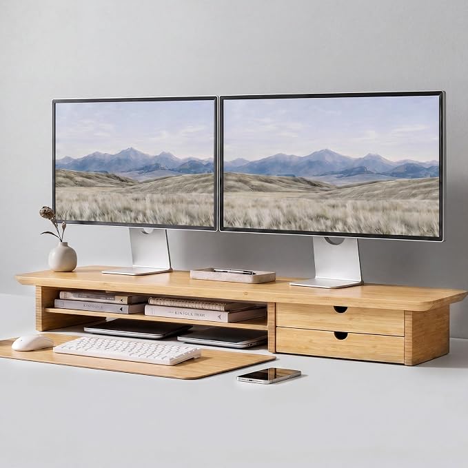 Bamboo Dual Monitor Stand, 39.3 inch Computer Monitor Riser by Rocdeer