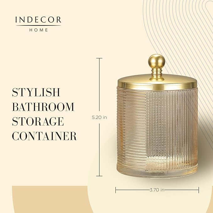 Tan Colored Tranlucent Apothecary Ribbed Geometric Etched Glass Jar W/Gold - Image 2