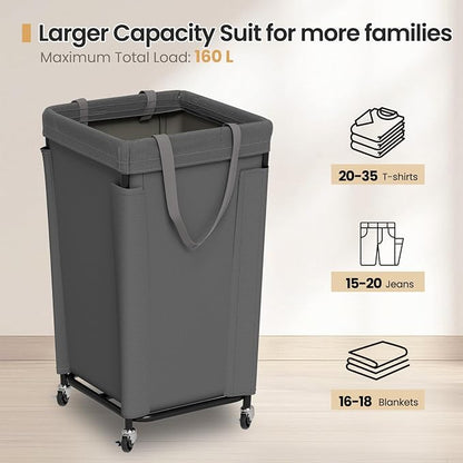Laundry Basket with Wheels, Large Laundry Hamper with Removable Bag and Steel - Image 3