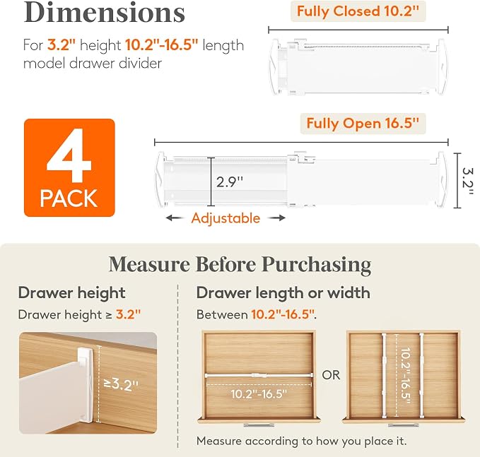 Lifewit Drawer Dividers for Clothes, 3.2" High 10.5"-16.5" Expandable Dresser - Image 2