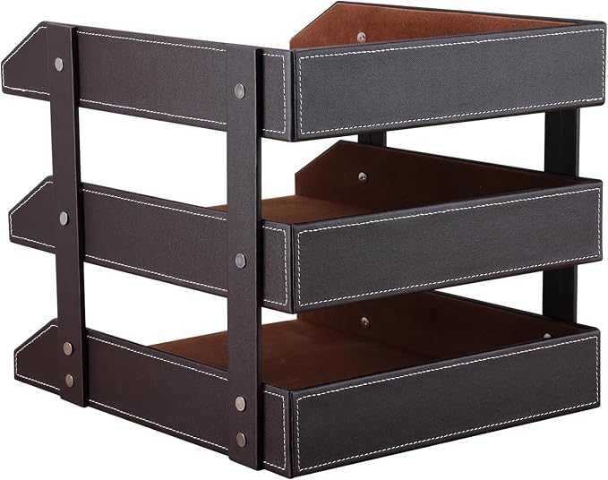 KINGFOM Letter Tray, Leather Paper Organizer Tray, Wooden Desk File Holder - Image 5