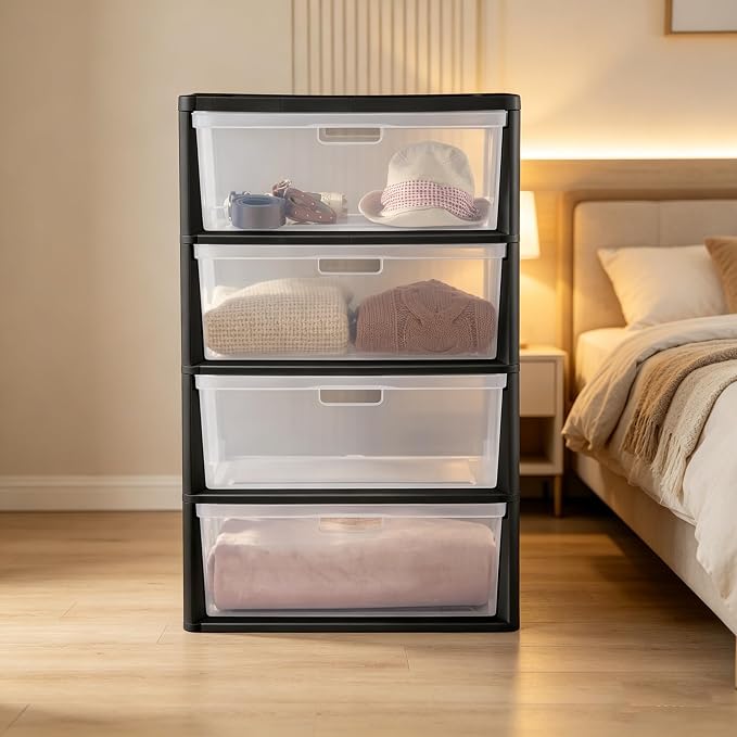Wide 4-Drawer Plastic Storage Tower, Removable Clear Bins, Tool-Free Assembly - Image 2