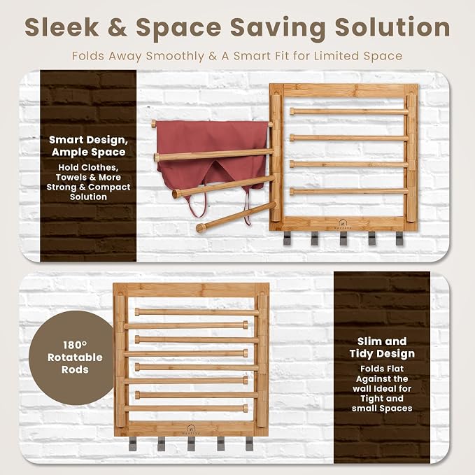 Bamboo Wall Mount Drying Rack for Laundry – Collapsible Foldable Clothes Dryer - Image 3