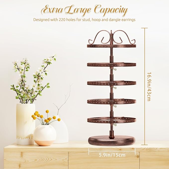 MODOWEY Rotating Earring Holder Organizer Stand, 5 Tiers Metal Tree, Bronze | - Image 3