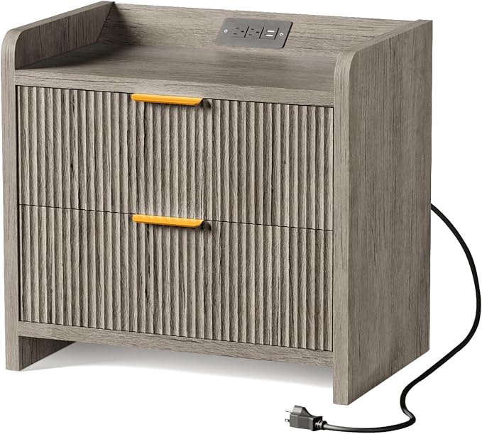 Fluted Nightstand with Charging Station, 23.6" Modern Night Stand with 2 Drawers by SEPTBOT