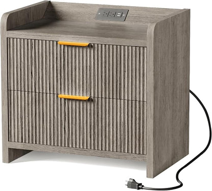 Fluted Nightstand with Charging Station, 23.6" Modern Night Stand with 2 Drawers by SEPTBOT