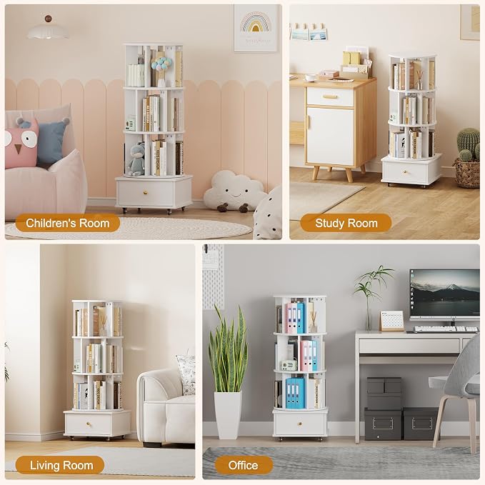 Rotating Bookshelf with Drawers on Lockable Wheels Wood White | 4 Tier Spinning - Image 4