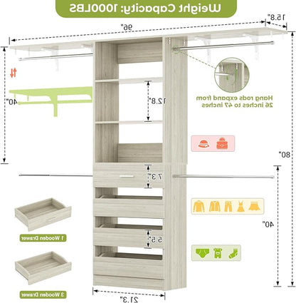 Aheaplus Closet System with 4 Drawers, 8FT Wood Closet Organizer System - Image 7