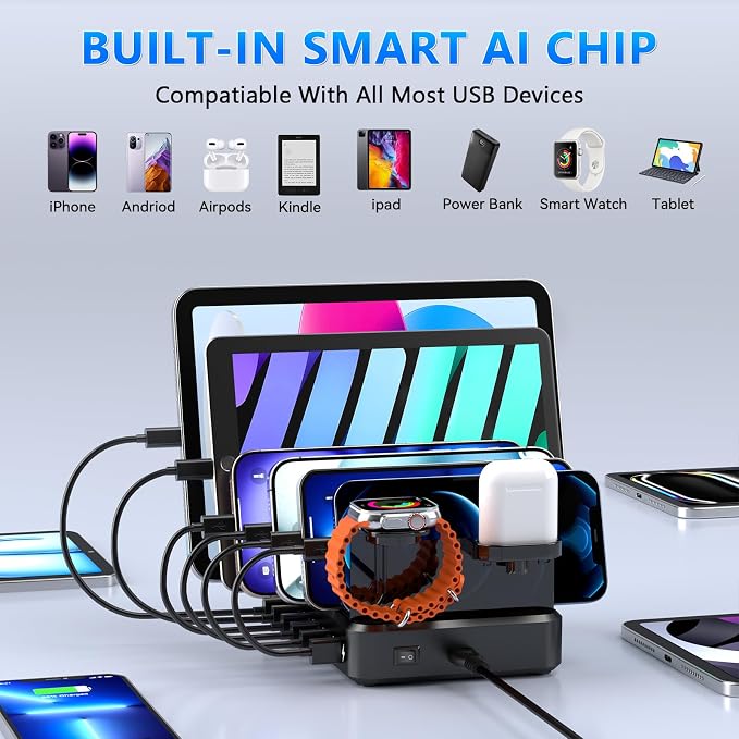 Charging Station for Multiple Devices, 68W 6 Ports USB Charger Station - Image 3
