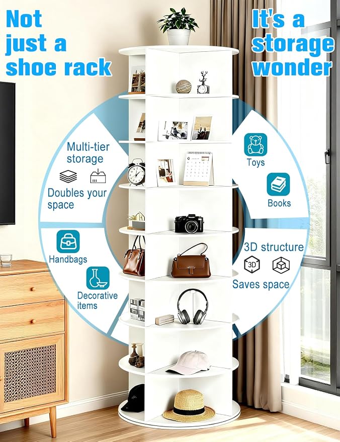 8 Tier Rotating Shoe Rack Tower, Spinning Shoe Organizer Rotating Shelf - Image 5