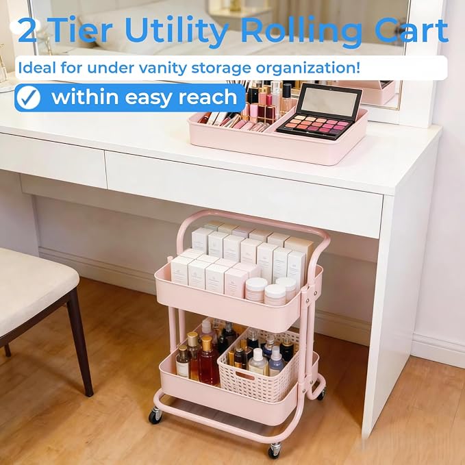 2 Tier Short Rolling Cart with Wheels All-Metal Pink Pantry Storage - Image 3