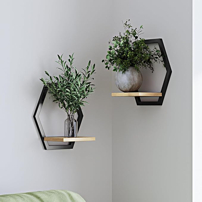 2 Pack Solid Wood & Metal Framework Wall Plant Stands, 9 inch Natural Wood by HomecourtyardsInterio