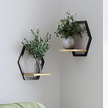 2 Pack Solid Wood & Metal Framework Wall Plant Stands, 9 inch Natural Wood by HomecourtyardsInterio