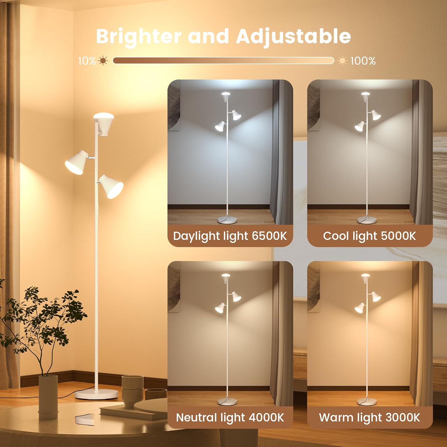 36W LED Tree Floor Lamp, Dimmable Tall Standing Lamp with Remote & Touch Control, 4 Color Temperatures Bright Floor Lamp, 3 Rotatable Light Modern Floor Lamps (White)