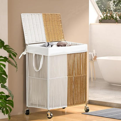 WOWLIVE Laundry Hamper with Wheels, Handwoven Rolling Laundry Basket with Lid - Image 2
