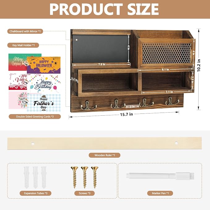 Key Holder Wall Mount, Wooden Mail and Key Organizer - Image 5