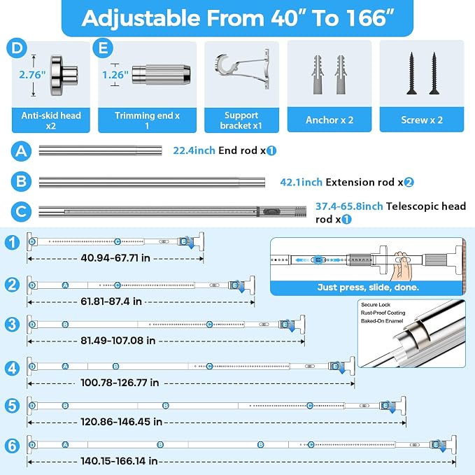 AIZESI 41-165 Inch Heavy Duty Silver Tension Curtain Rod - Image 2