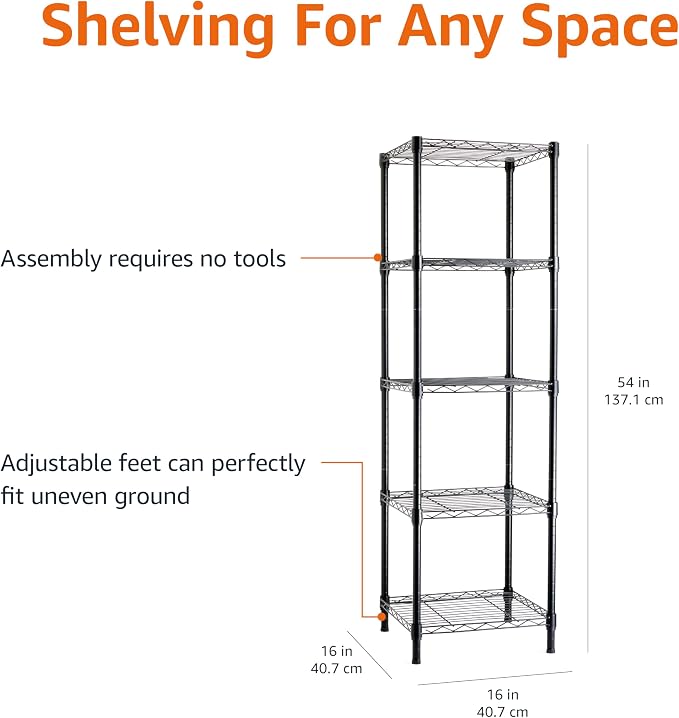 Amazon Basics 5-Shelf Tower Adjustable Storage Shelving Unit, 16 D x 16 W x 54 - Image 3