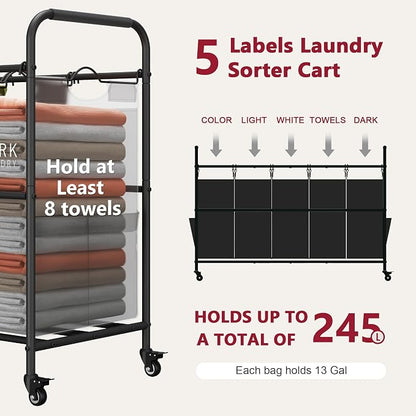 Tajsoon 5 Bag Laundry Sorter Cart, 5 Section Laundry Hamper - Image 3