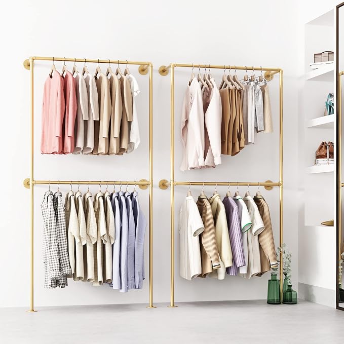 Gold Clothing Racks Wall Mount Clothes Rack, Heavy Duty Industrial Pipe - Image 4