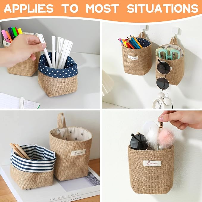 3 PCS Mini Hanging Storage Bag Cotton Linen Small Storage Basket Wall Hanging - Image 4