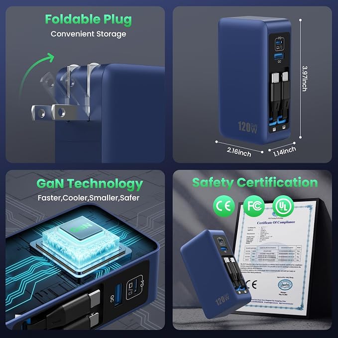 120W USB C Charger Block with 2 Built-in Retractable Cables, 4-in-1 GaN IV - Image 4