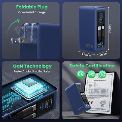 120W USB C Charger Block with 2 Built-in Retractable Cables, 4-in-1 GaN IV - Image 4