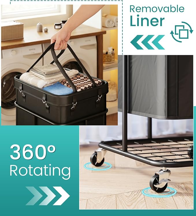 Laundry Hamper with Wheels, Rolling Laundry Basket with Metal Frame and - Image 3