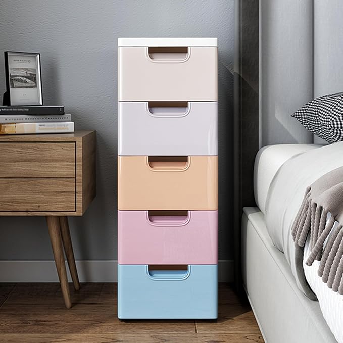 5 Drawer Stackable Storage Tower, Plastic Drawers Dresser, Narrow Rolling - Image 4