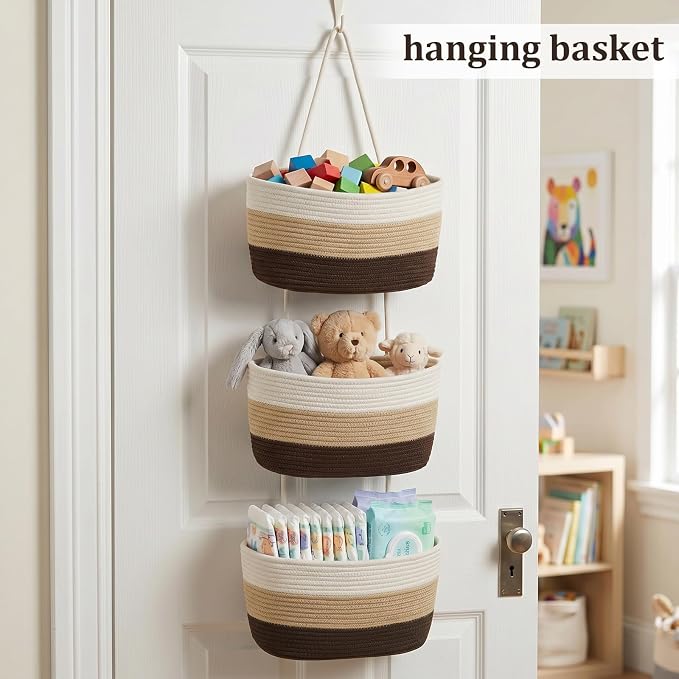 TeoKJ Over the Door Hanging Basket, 3-Tier Woven Cotton Wall-Mounted Storage - Image 4