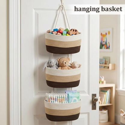 TeoKJ Over the Door Hanging Basket, 3-Tier Woven Cotton Wall-Mounted Storage - Image 4