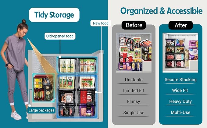 Freezer Organizer Bins with Foldable Handle, 4 Pack Stackable Freezer Baskets - Image 2